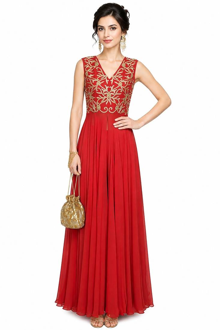 Red georgette sleevless embroidered gown