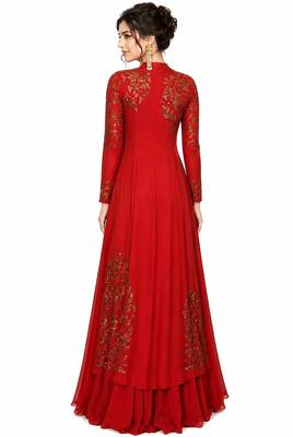 Red georgette full sleeve embroidered gown 2