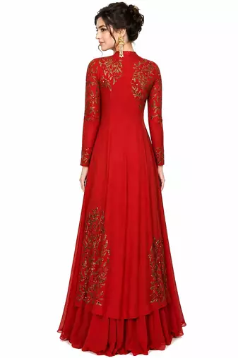 Red georgette full sleeve embroidered gown