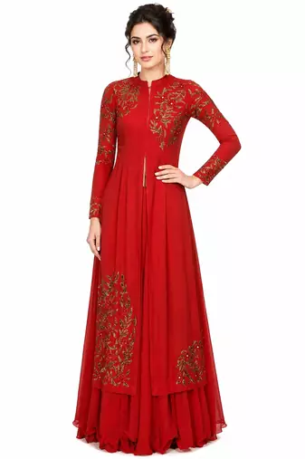 Red georgette full sleeve embroidered gown