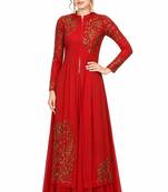 Red georgette full sleeve embroidered gown