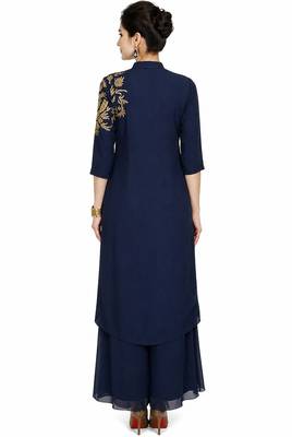Navy blue georgette 3/4th sleeve embroidered gown 2