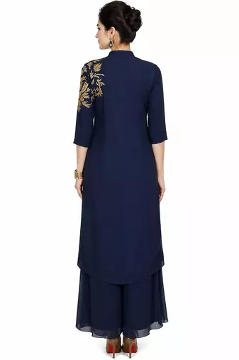 Navy blue georgette 3/4th sleeve embroidered gown