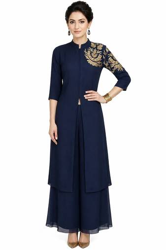Navy blue georgette 3/4th sleeve embroidered gown
