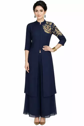 Navy blue georgette 3/4th sleeve embroidered gown