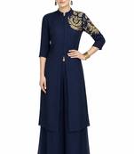 Navy blue georgette 3/4th sleeve embroidered gown