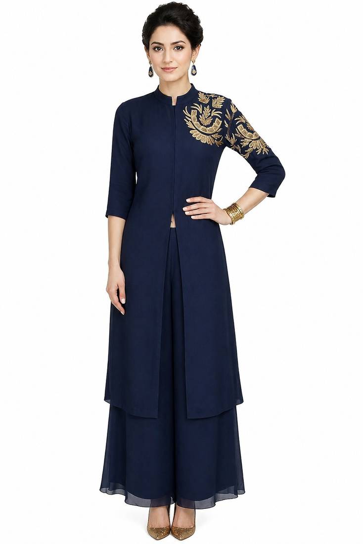 Navy blue georgette 3/4th sleeve embroidered gown