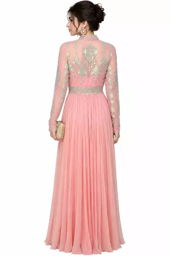 Pink georgette long sleeve embroidered gown