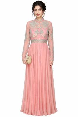 Pink georgette long sleeve embroidered gown 1