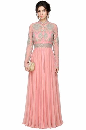 Pink georgette long sleeve embroidered gown