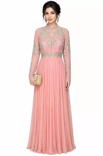 Pink georgette long sleeve embroidered gown