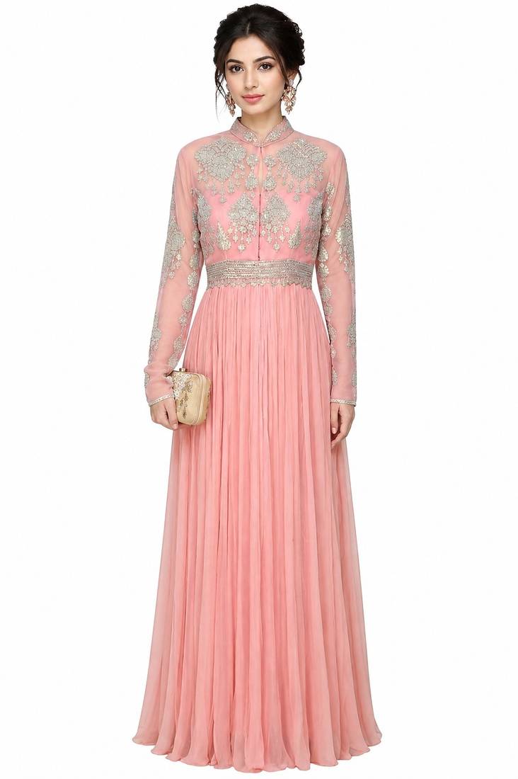 Pink georgette long sleeve embroidered gown