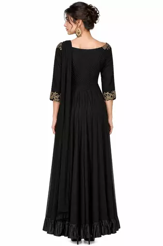 Black georgette 3/4th sleeve embroidered gown