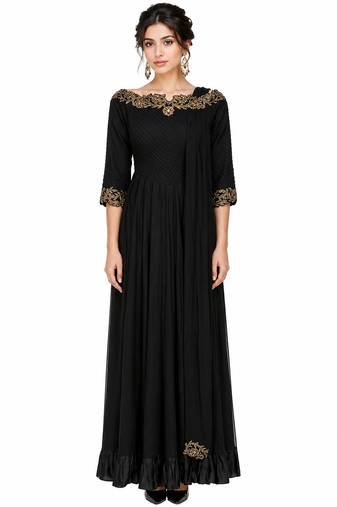 Black georgette 3/4th sleeve embroidered gown