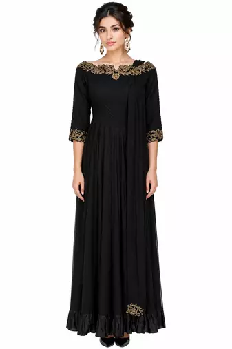 Black georgette 3/4th sleeve embroidered gown