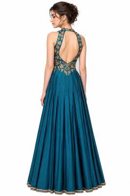 Turquoise blue silk sleevless embroidered gown 2