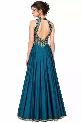 Turquoise blue silk sleevless embroidered gown