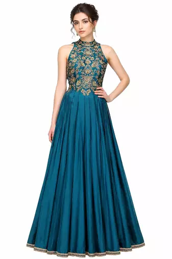 Turquoise blue silk sleevless embroidered gown