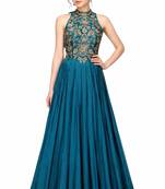 Turquoise blue silk sleevless embroidered gown