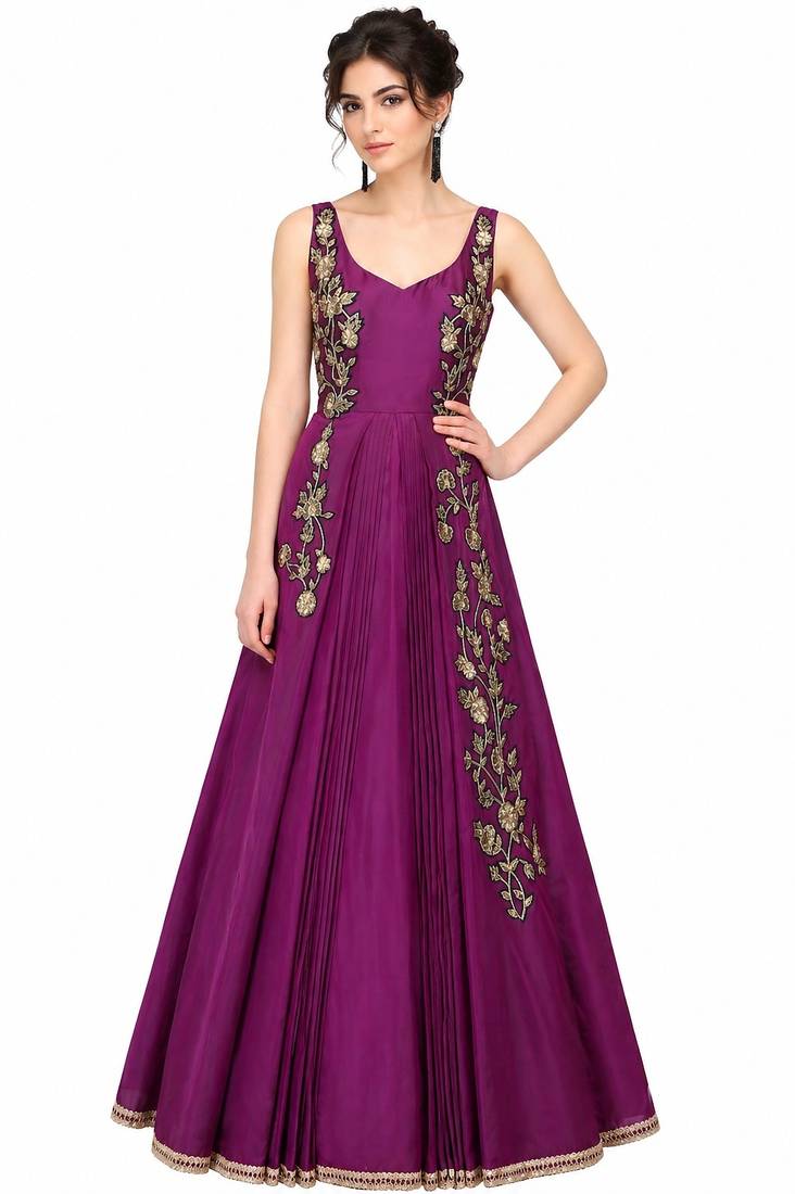 Deep pink silk sleevless embroidered gown