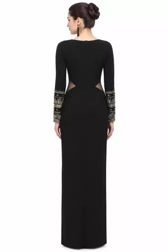 Black lycra cotton long sleeve embroidered gown