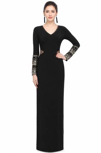 Black lycra cotton long sleeve embroidered gown
