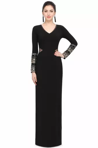Black lycra cotton long sleeve embroidered gown