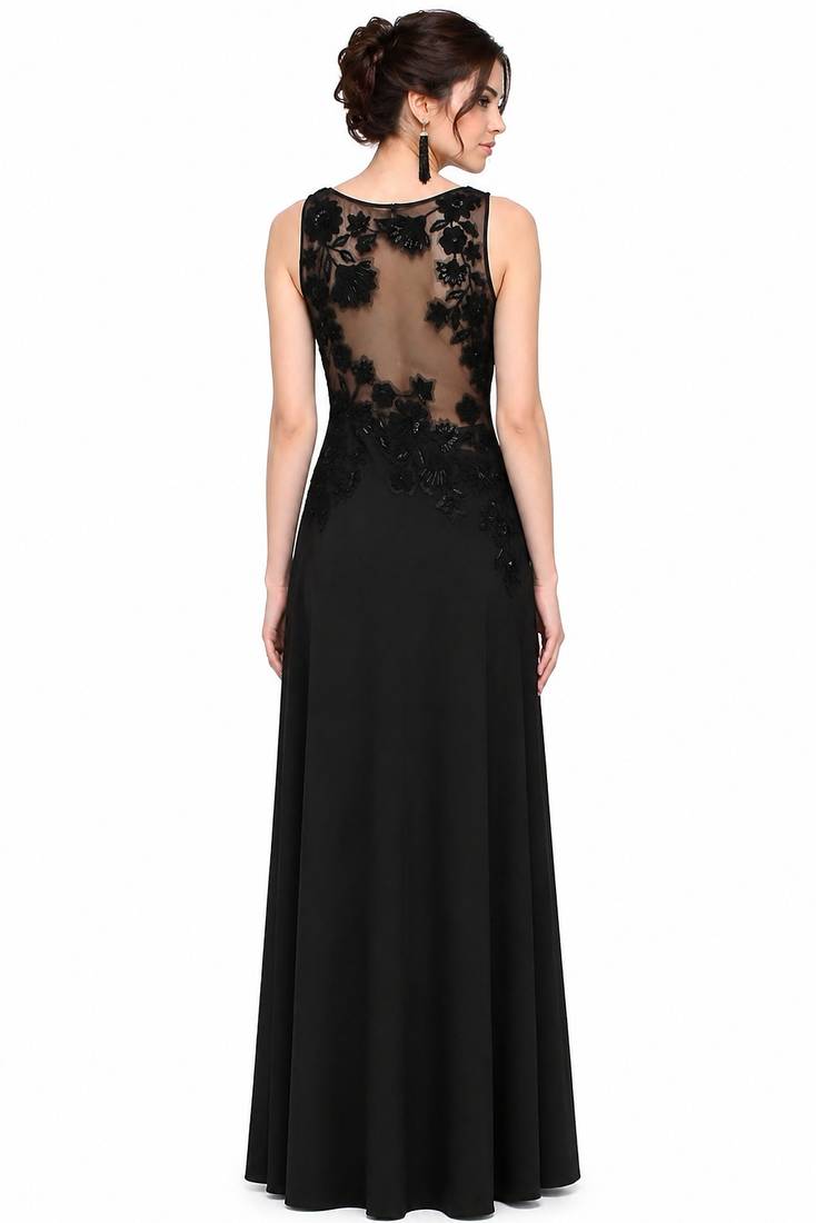 Black georgette sleevless embroidered gown