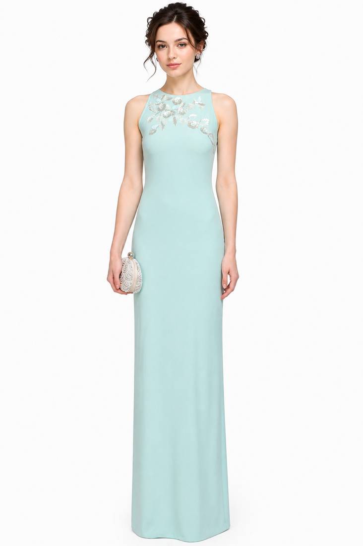 Light blue georgette sleevless embroidered gown