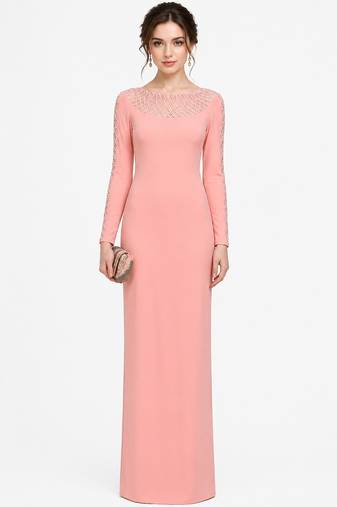 Pink georgette long sleeve embroidered gown