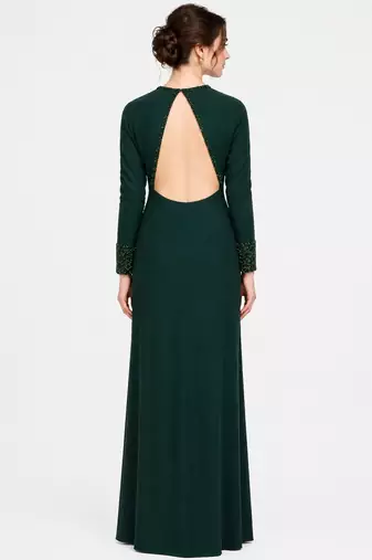 Emerald green georgette long sleeve embroidered gown