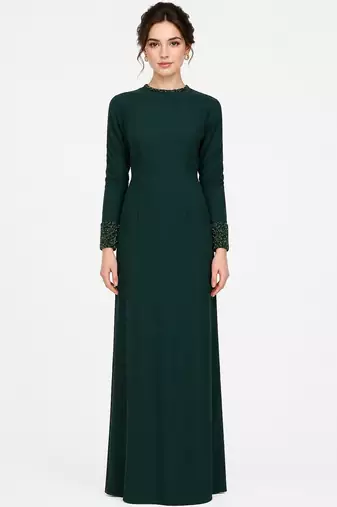 Emerald green georgette long sleeve embroidered gown