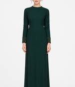 Emerald green georgette long sleeve embroidered gown