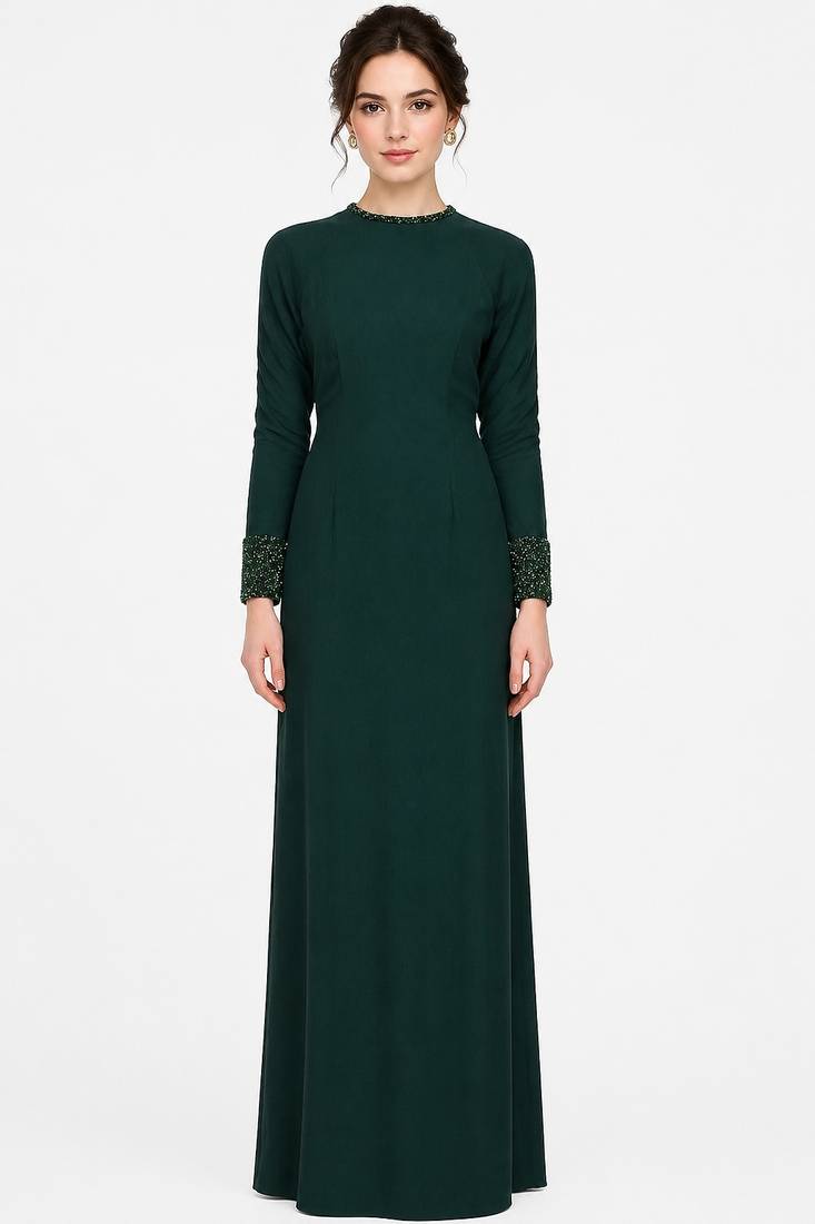 Emerald green georgette long sleeve embroidered gown