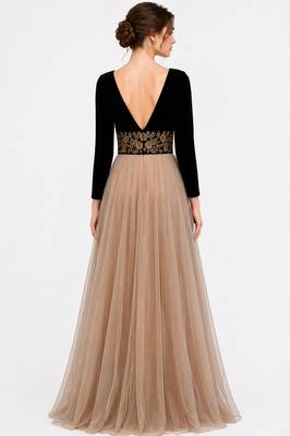 Beige & black velvet & georgette long sleeve embroidered gown 2