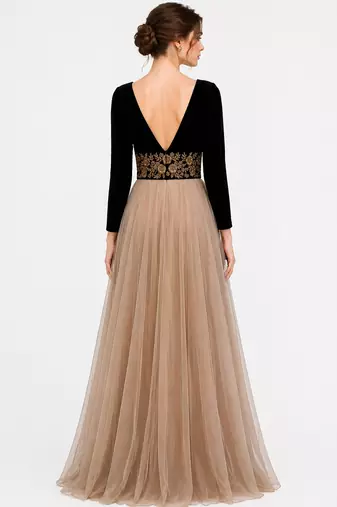 Beige & black velvet & georgette long sleeve embroidered gown