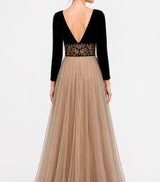 Beige & black velvet & georgette long sleeve embroidered gown