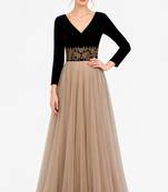 Beige & black velvet & georgette long sleeve embroidered gown