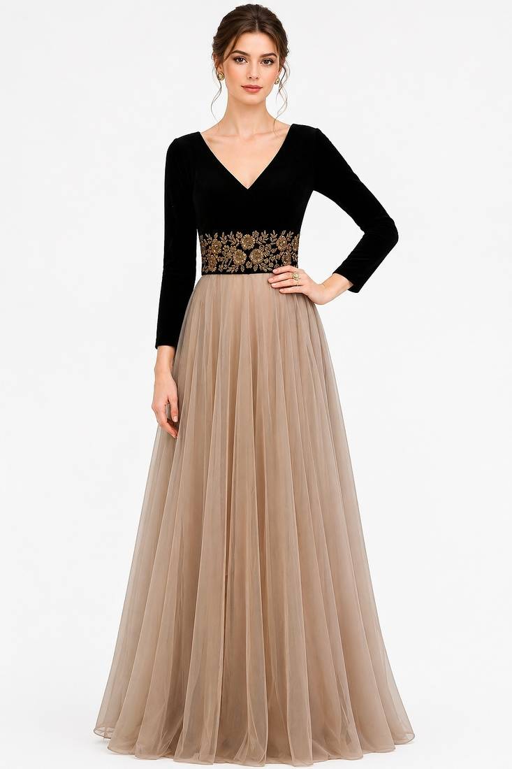 Beige & black velvet & georgette long sleeve embroidered gown