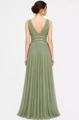 Light green georgette sleevless embroidered gown
