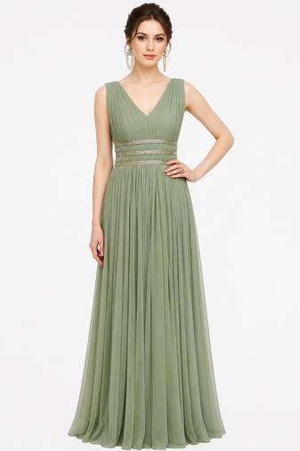 Light green georgette sleevless embroidered gown