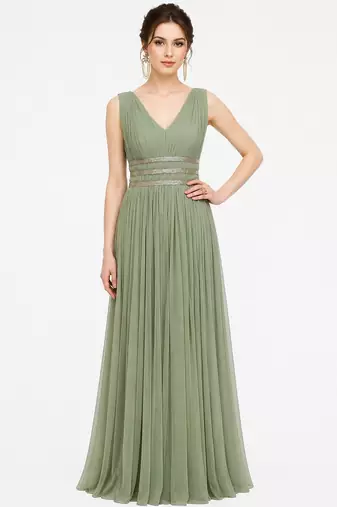 Light green georgette sleevless embroidered gown