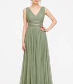 Light green georgette sleevless embroidered gown