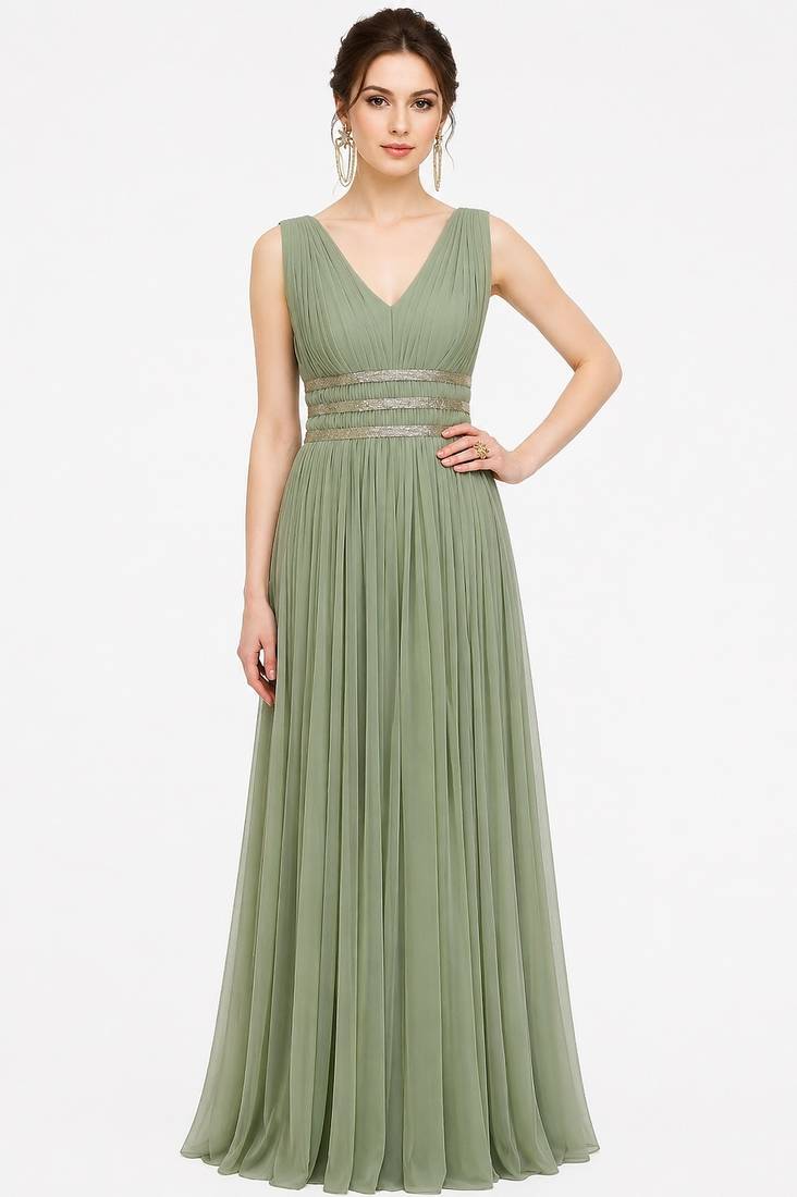 Light green georgette sleevless embroidered gown