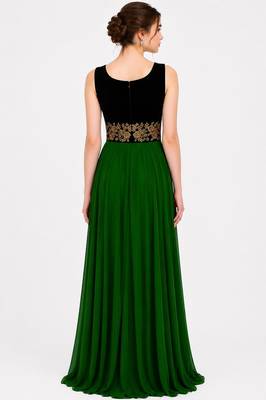 Bottol green velvet & georgette sleevless embroidered gown 2