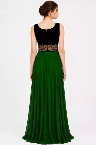 Bottol green velvet & georgette sleevless embroidered gown