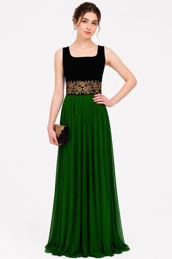 Bottol green velvet & georgette sleevless embroidered gown