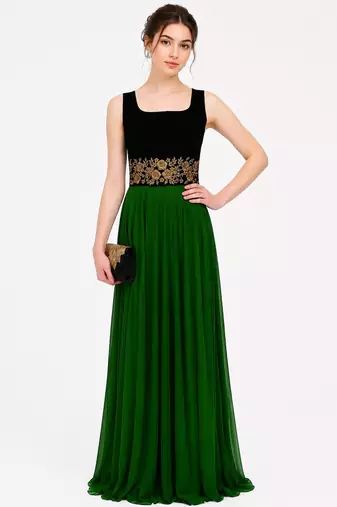 Bottol green velvet & georgette sleevless embroidered gown