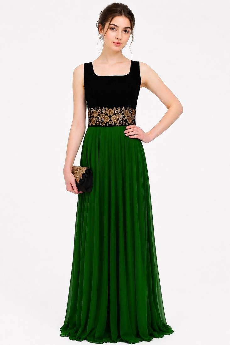 Bottol green velvet & georgette sleevless embroidered gown