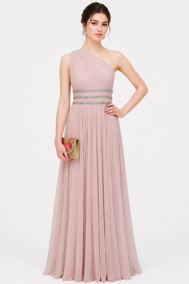 Pink georgette sleevless embroidered gown